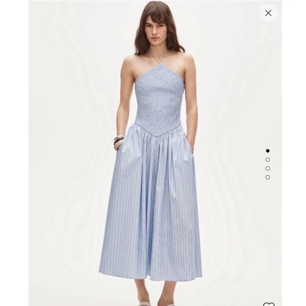 NWT J. Crew Women's Smocked halter Midi Blue Pin Stripe Pockets Size Small